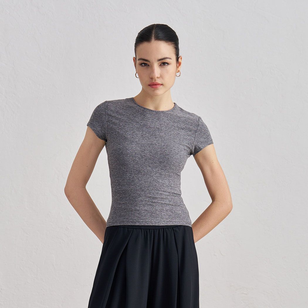 Women’s Slim Fit Yoga T Shirt (L)-Grey Short Sleeve Crew Neck Activewear Top view 3