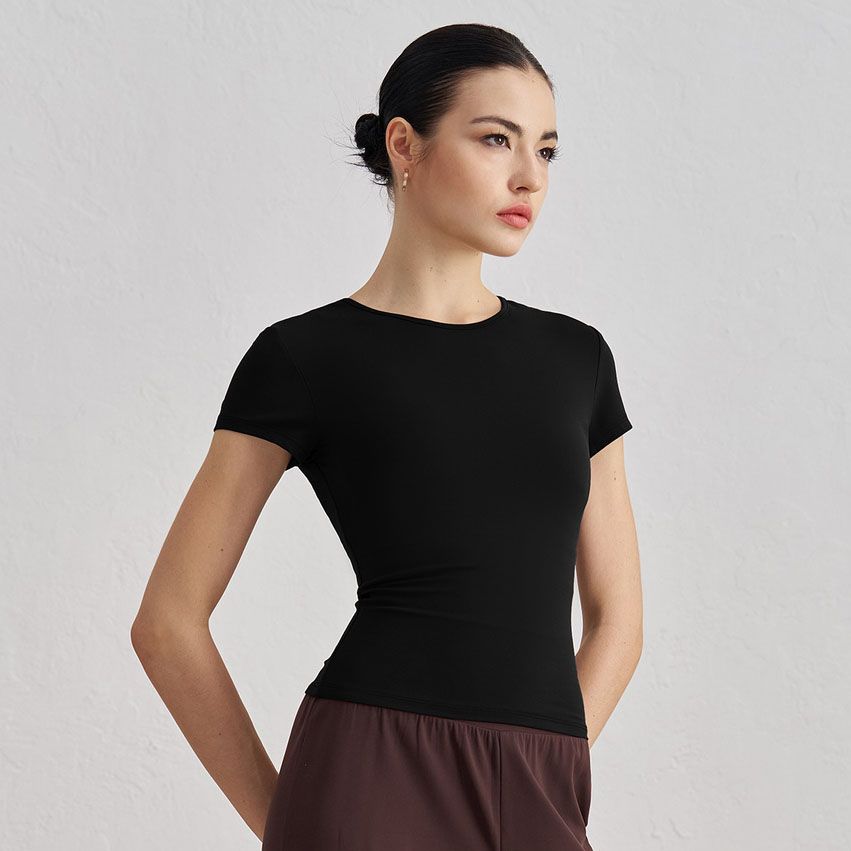 Women’s Slim Fit Yoga T Shirt (M)-Black Short Sleeve Crew Neck Activewear Top view 2