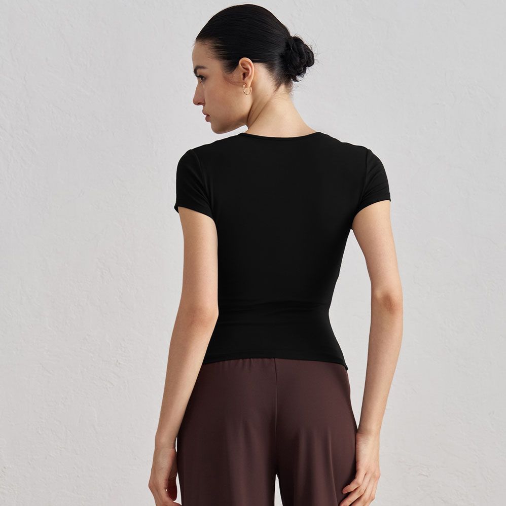 Women’s Slim Fit Yoga T Shirt (M)-Black Short Sleeve Crew Neck Activewear Top view 3