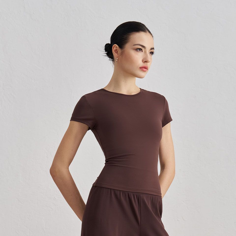 Women’s Slim Fit Yoga T Shirt (L)-Brown Short Sleeve Crew Neck Activewear Top view 3
