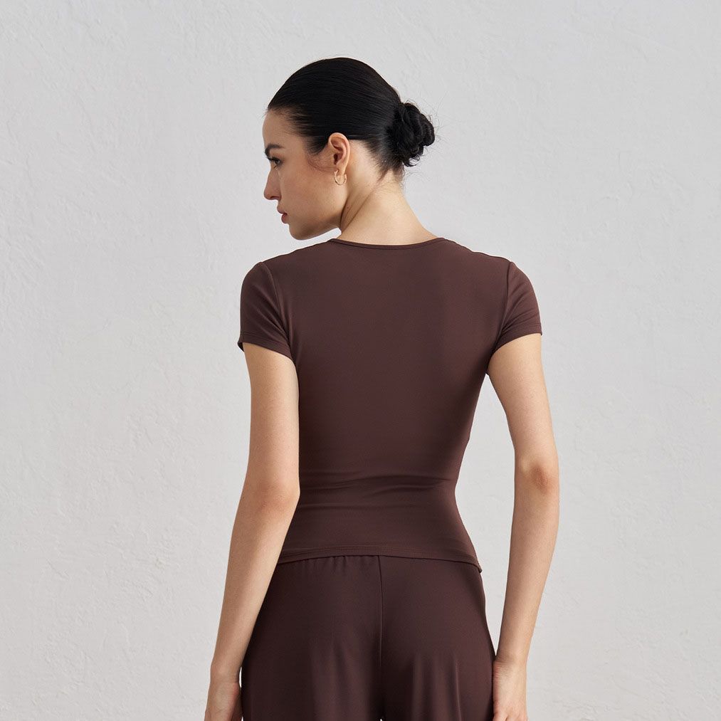 Women’s Slim Fit Yoga T Shirt (XL)-Brown Short Sleeve Crew Neck Activewear Top view 4