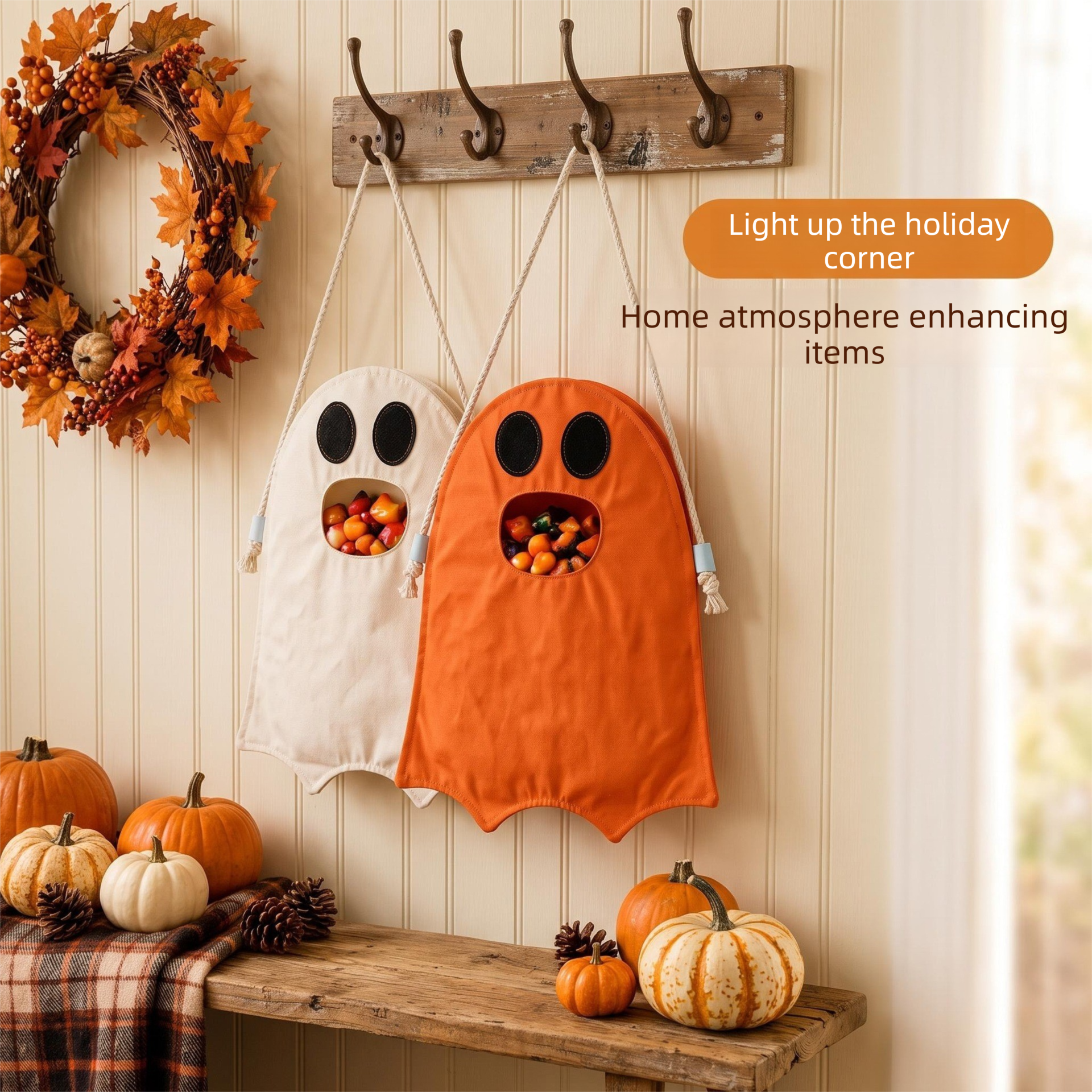Orange Halloween Trick or Treat Bag - Ghost Shaped Canvas Crossbody Tote view 2