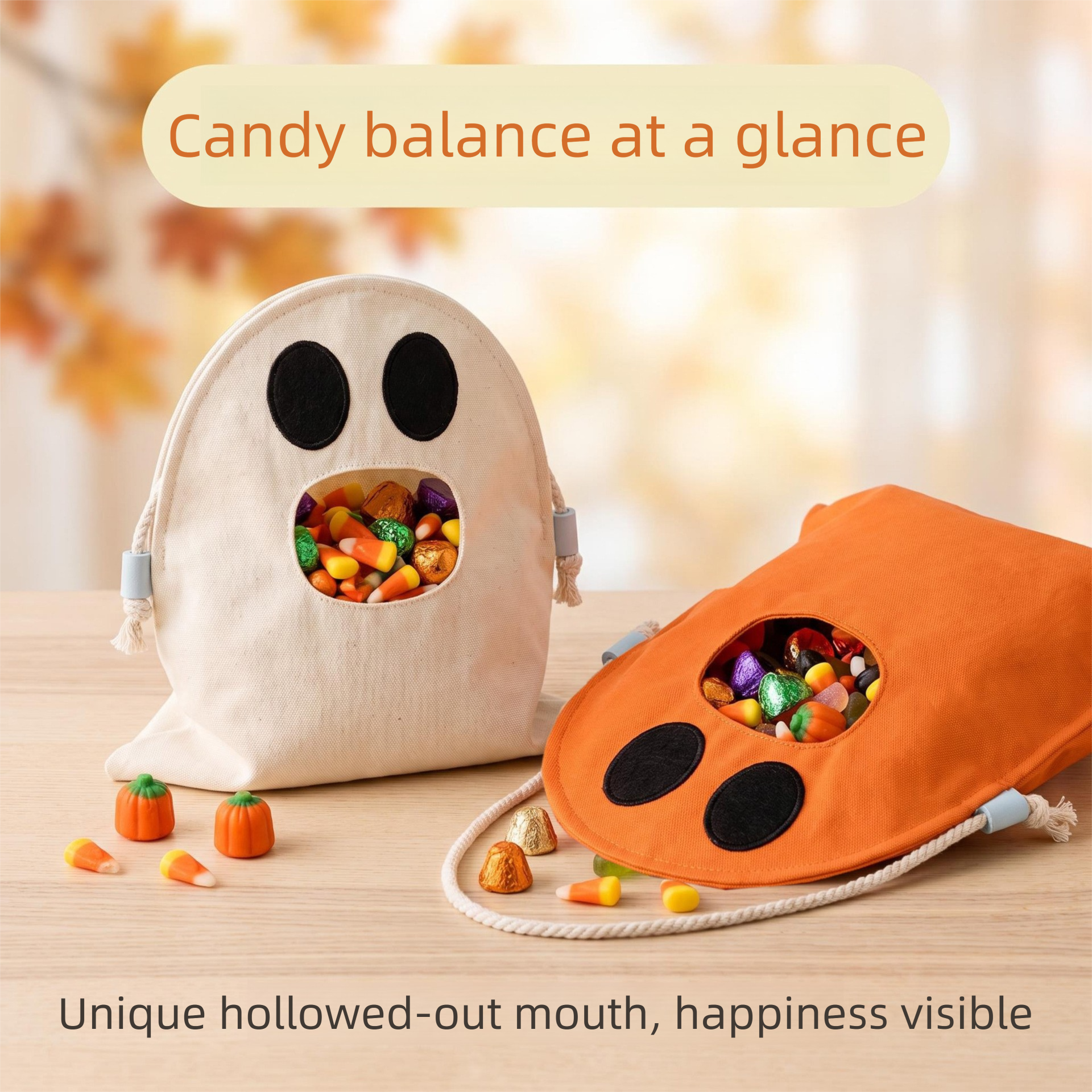 Orange Halloween Trick or Treat Bag - Ghost Shaped Canvas Crossbody Tote view 3