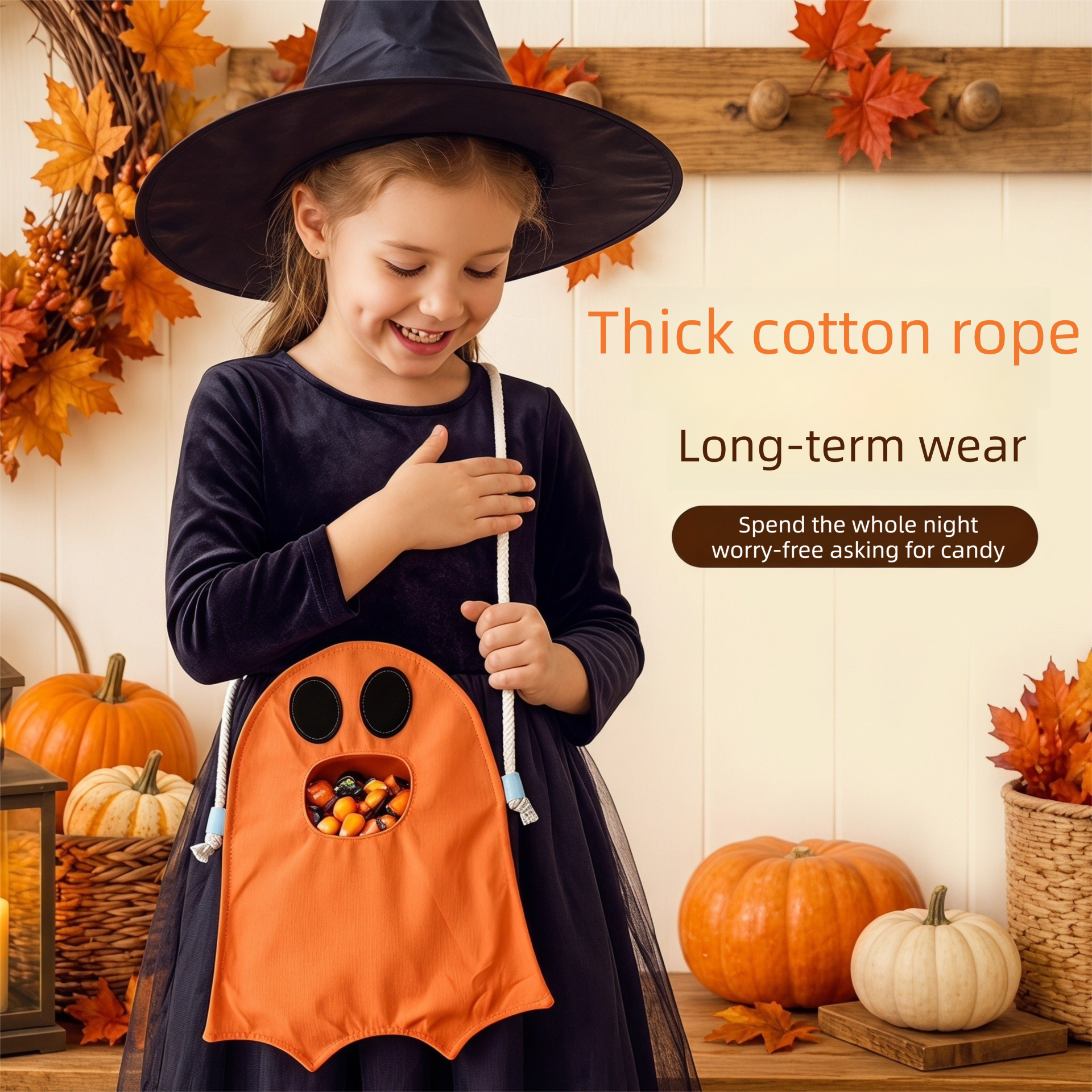 Orange Halloween Trick or Treat Bag - Ghost Shaped Canvas Crossbody Tote view 4