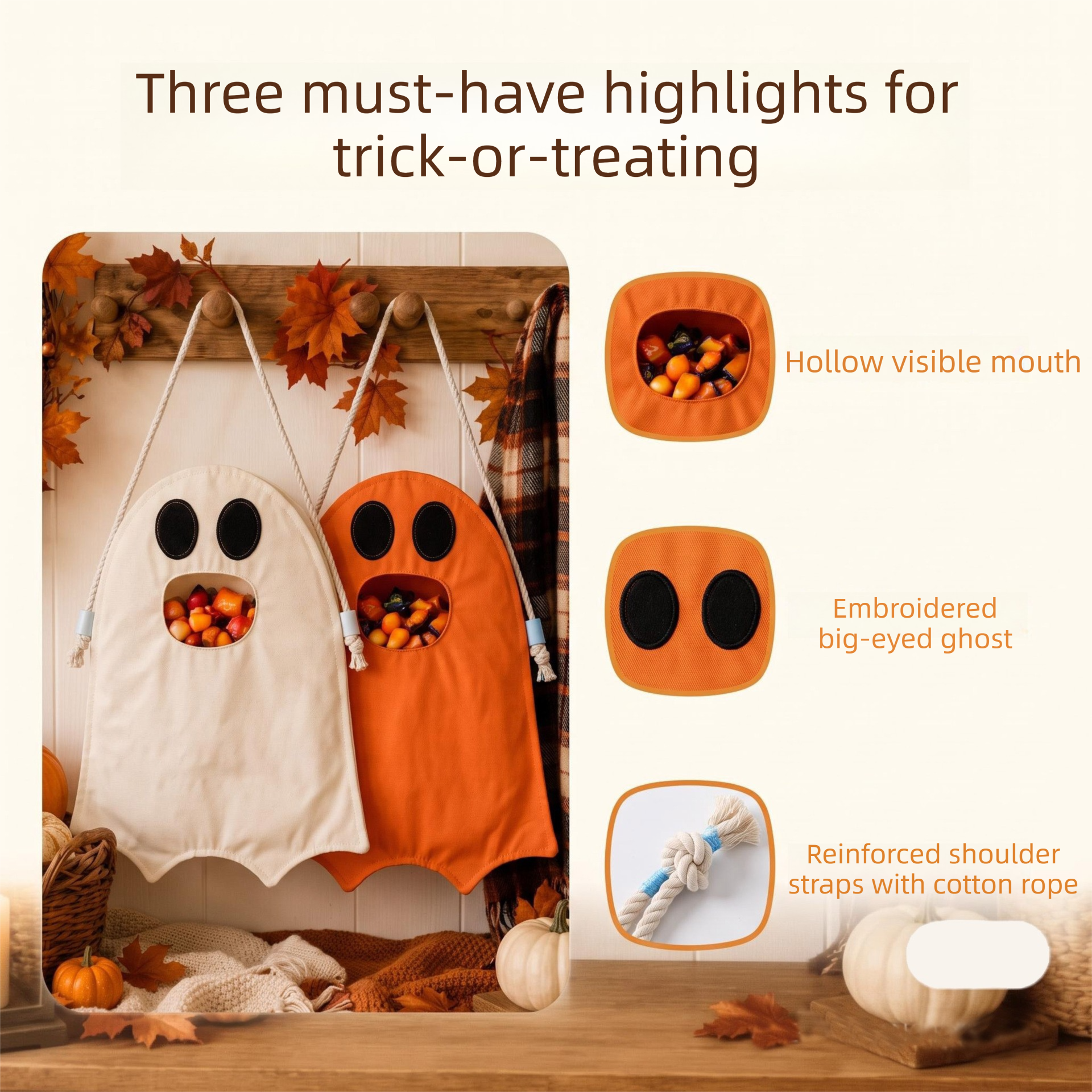 Orange Halloween Trick or Treat Bag - Ghost Shaped Canvas Crossbody Tote view 5
