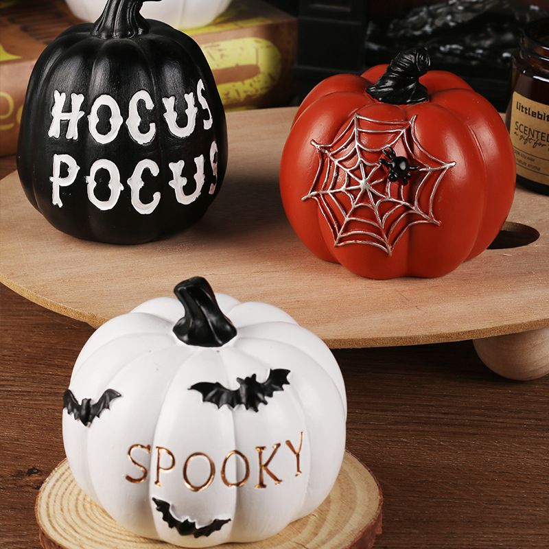 Orange Spiderweb Mini Resin Halloween Pumpkin Figurine - Spooky Home Decor for view 4