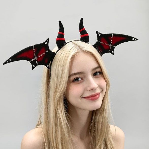 Halloween Bat Wing Devil Horn Headband - Black Red Gothic Vampire Cosplay Hair view 2