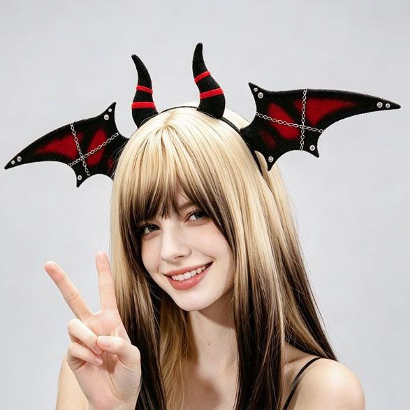 Halloween Bat Wing Devil Horn Headband - Black Red Gothic Vampire Cosplay Hair view 3
