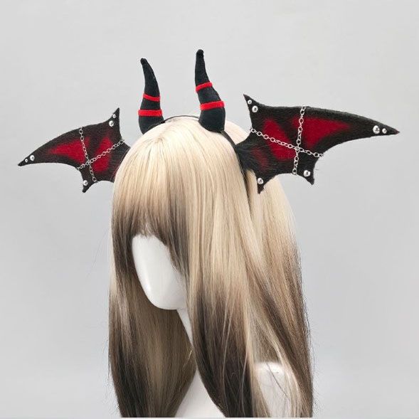 Halloween Bat Wing Devil Horn Headband - Black Red Gothic Vampire Cosplay Hair view 4