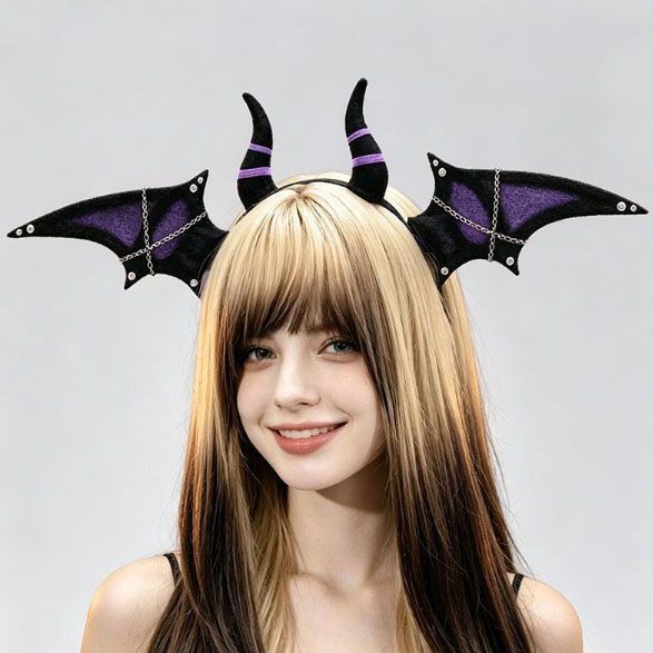 Halloween Bat Wing Devil Horn Headband - Black Purple Gothic Vampire Cosplay view 2