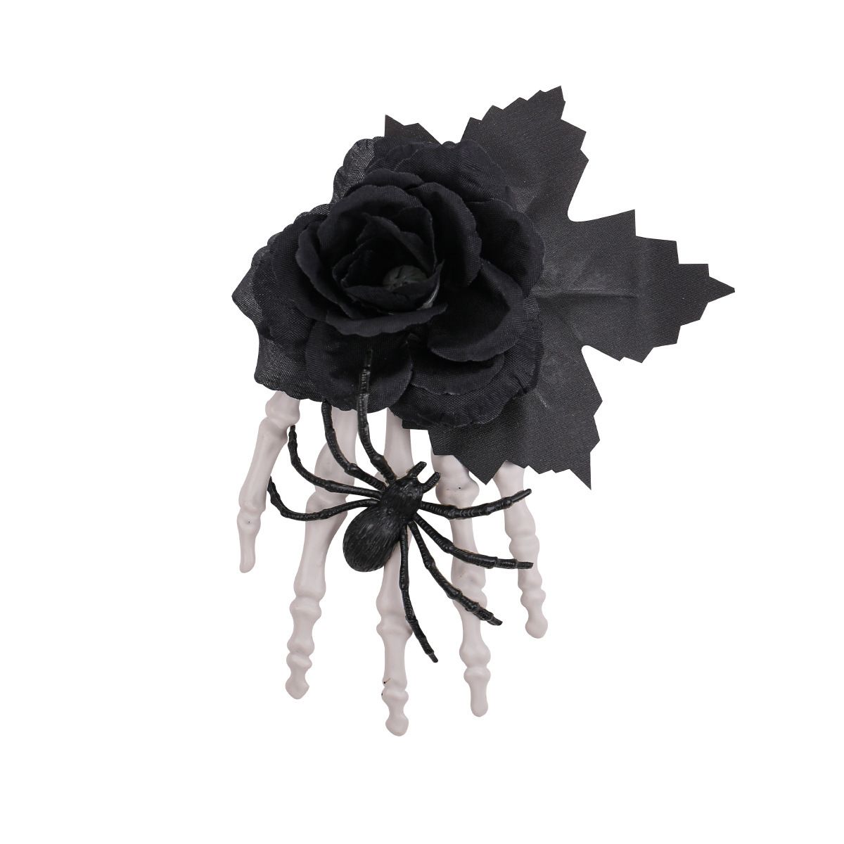 Halloween Skeleton Hand Hair Clip with Black Rose and Spider - Gothic Side