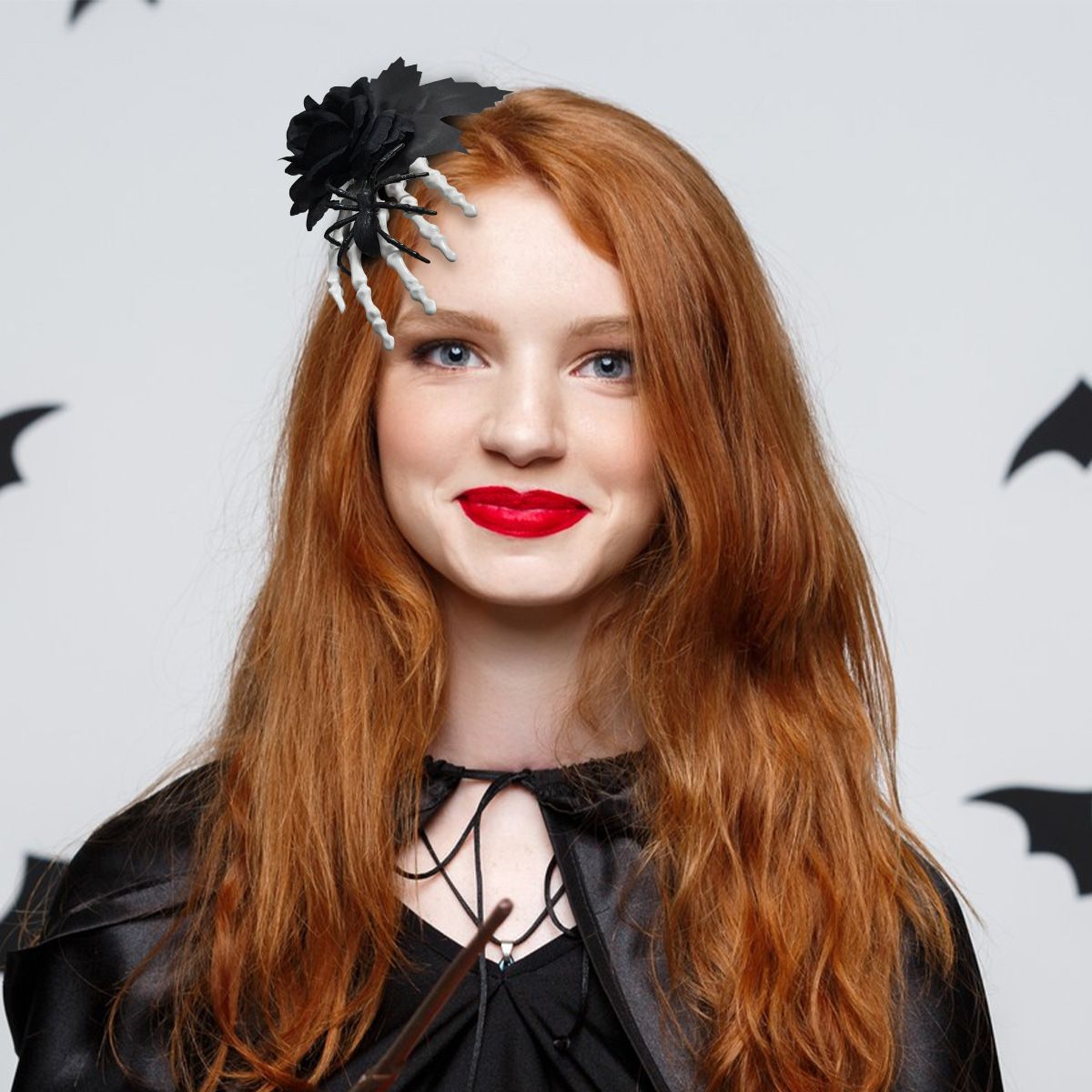 Halloween Skeleton Hand Hair Clip with Black Rose and Spider - Gothic Side view 2