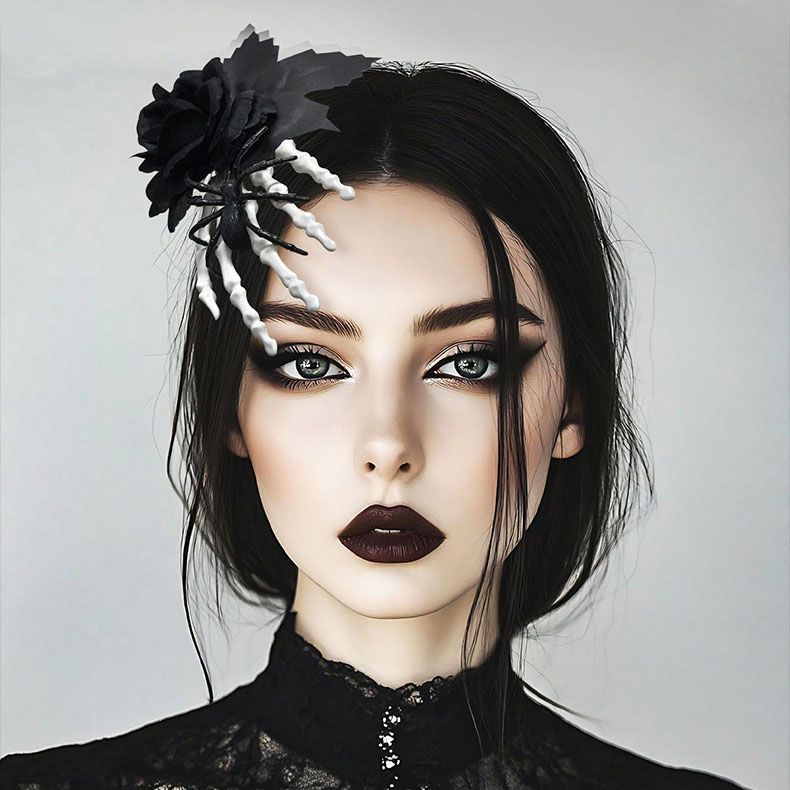 Halloween Skeleton Hand Hair Clip with Black Rose and Spider - Gothic Side view 3