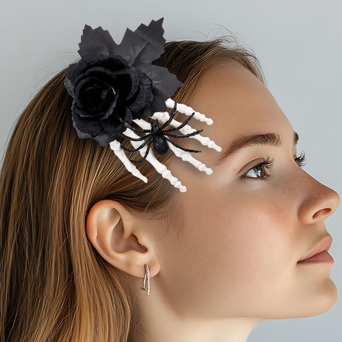 Halloween Skeleton Hand Hair Clip with Black Rose and Spider - Gothic Side view 4