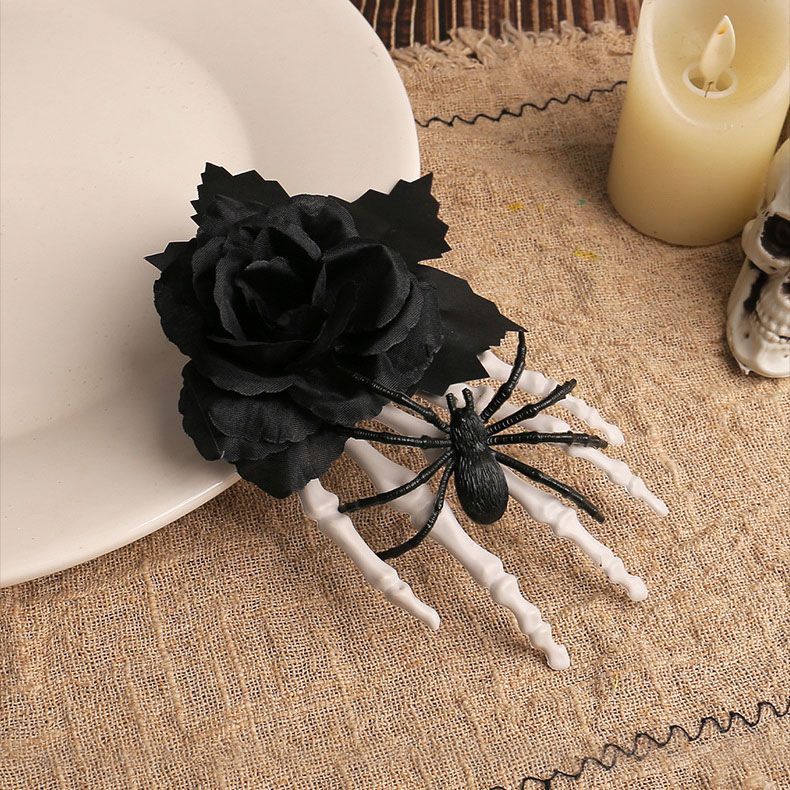 Halloween Skeleton Hand Hair Clip with Black Rose and Spider - Gothic Side view 5