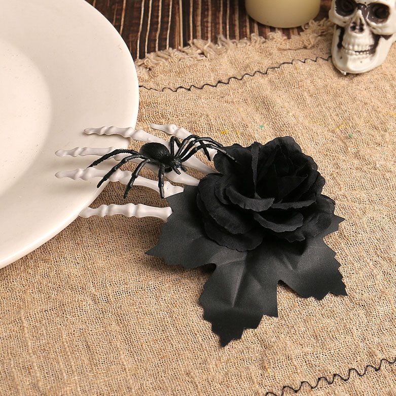 Halloween Skeleton Hand Hair Clip with Black Rose and Spider - Gothic Side view 7