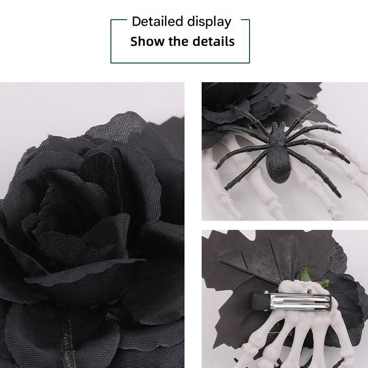 Halloween Skeleton Hand Hair Clip with Black Rose and Spider - Gothic Side view 8