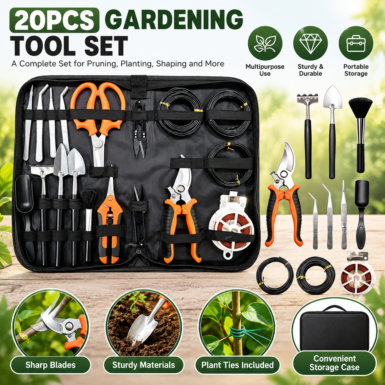 20 Piece Gardening Tool Set with Pruning Shears and Repotting Mat - Garden view 2