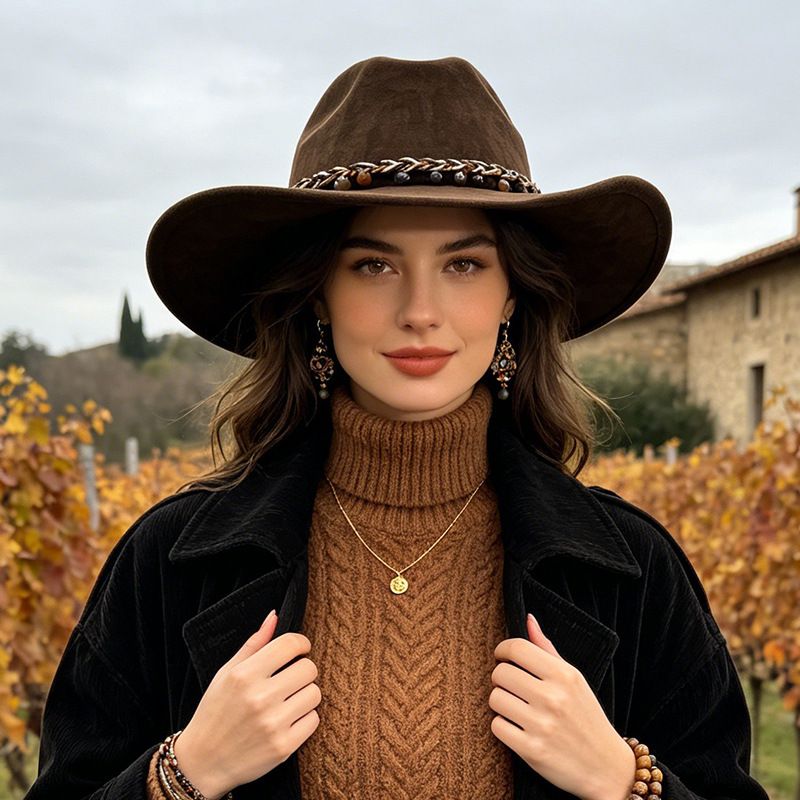 Brown Western Cowboy Hat - Brown Suede Fabric view 2