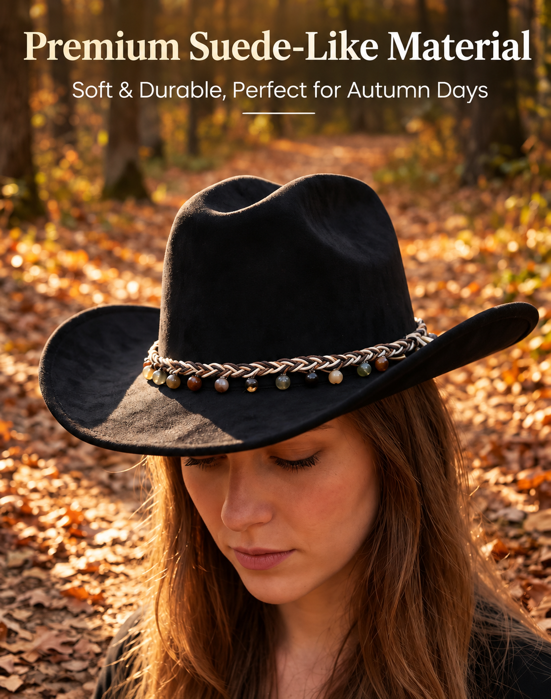 Brown Western Cowboy Hat - Brown Suede Fabric view 4