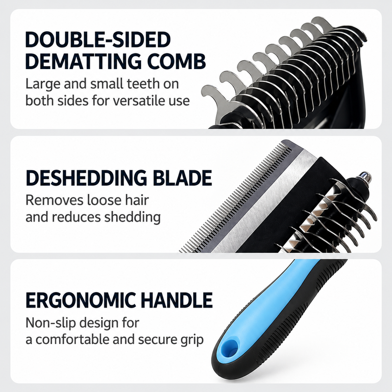 Blue 3 in 1 Pet Dematting Comb - Detangling Rake view 5