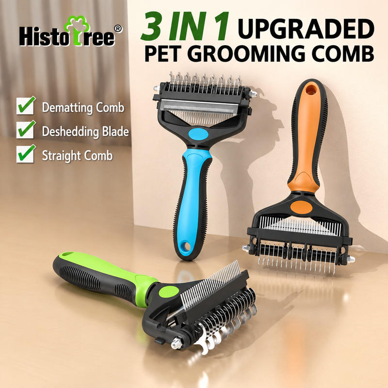 Green 3 in 1 Pet Dematting Comb - Detangling Rake view 2