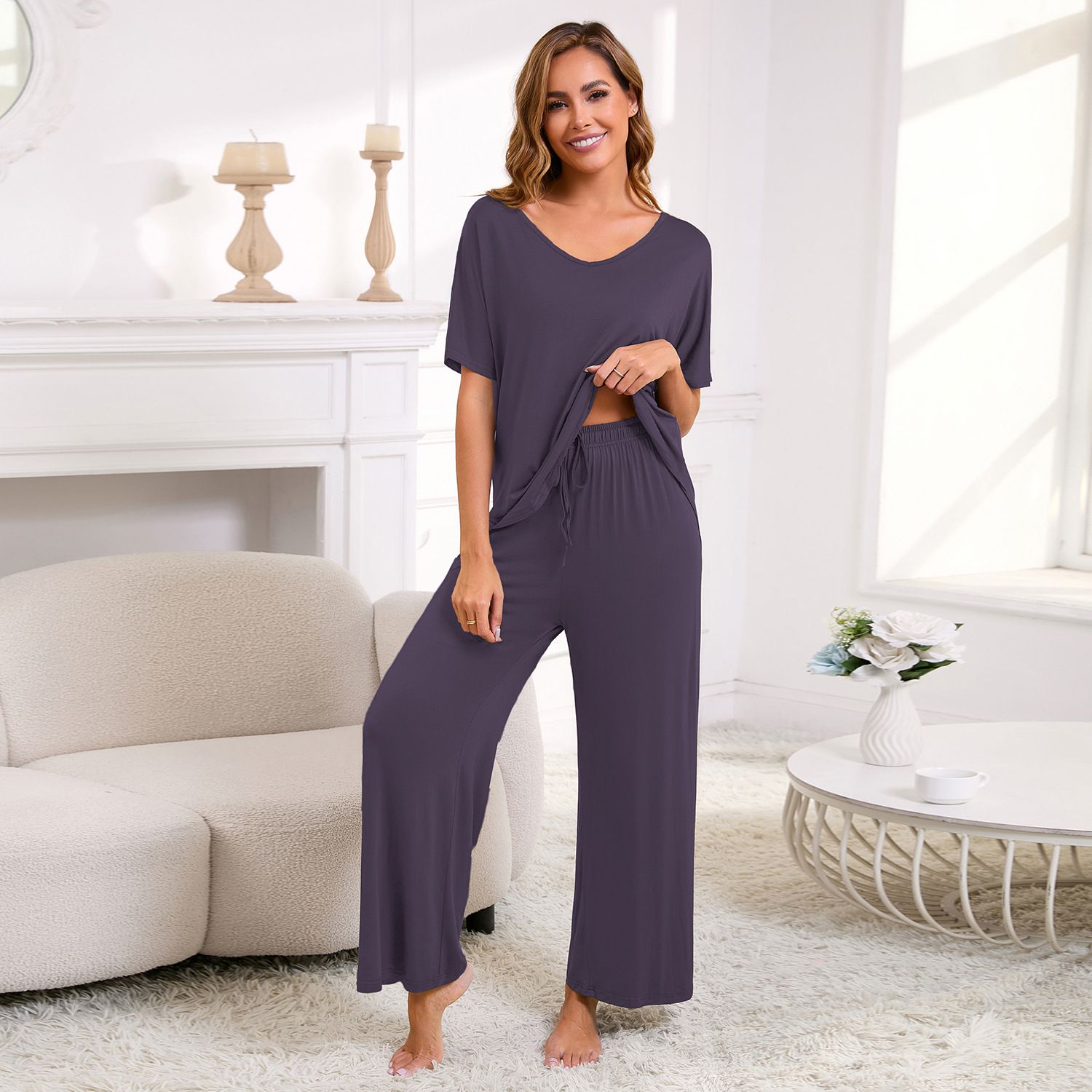 Pink Women's Modal Lounge Set Pink V Neck Short Sleeve Top and Wide Leg Pants view 3