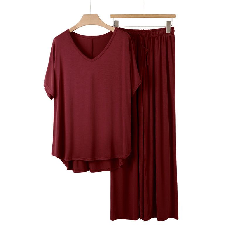 Burgundy Women's Modal Lounge Set Pink V Neck Short Sleeve Top and Wide Leg Pants — image 1