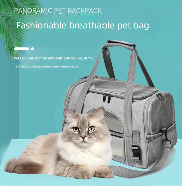 Grey with Black Foldable Pet Carrier Bag - Breathable Mesh Soft Sided Travel view 3