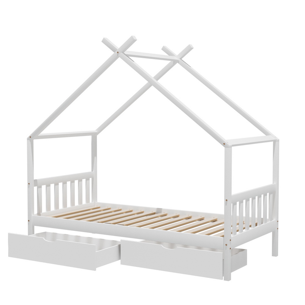 Artiss Bed Frame Wooden Base Kids Single Timber House with 2 Storage Drawers — image 1