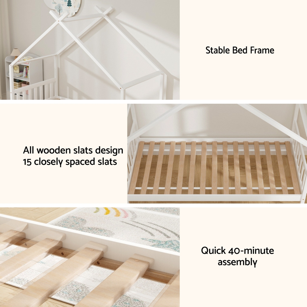 Artiss Bed Frame Wooden Base Kids Single Timber House with 2 Storage Drawers view 4