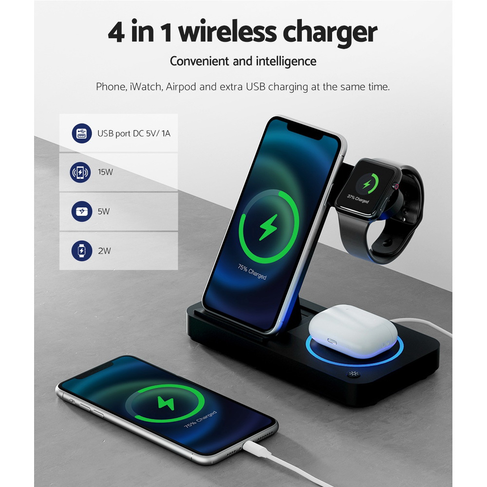 Devanti 4-in-1 Wireless Charger Station Fast Charging for Phone Black view 5