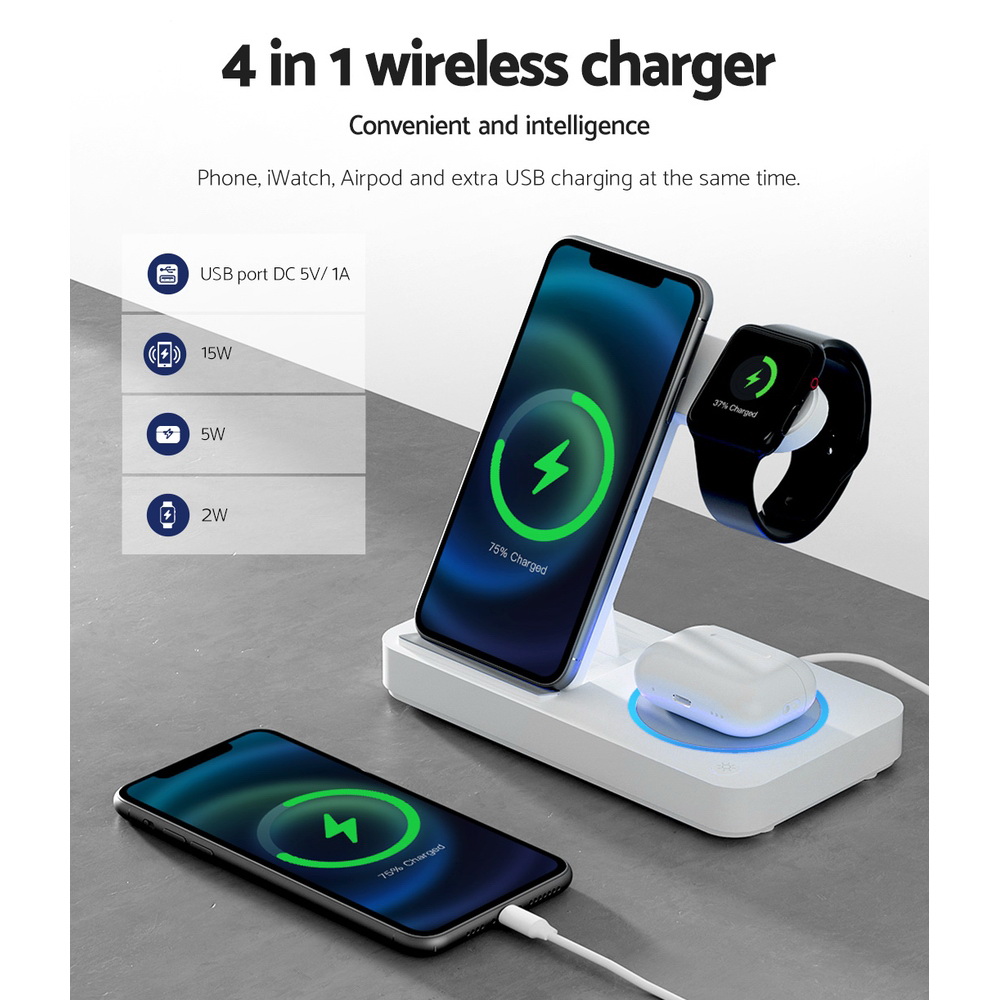 Devanti 4-in-1 Wireless Charger Dock Fast Charging for Phone White view 5