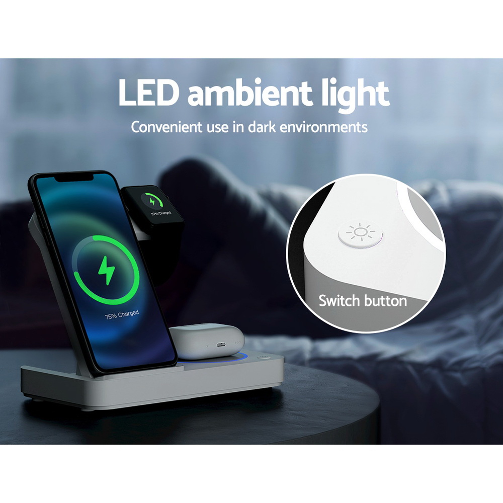 Devanti 4-in-1 Wireless Charger Dock Fast Charging for Phone White view 6