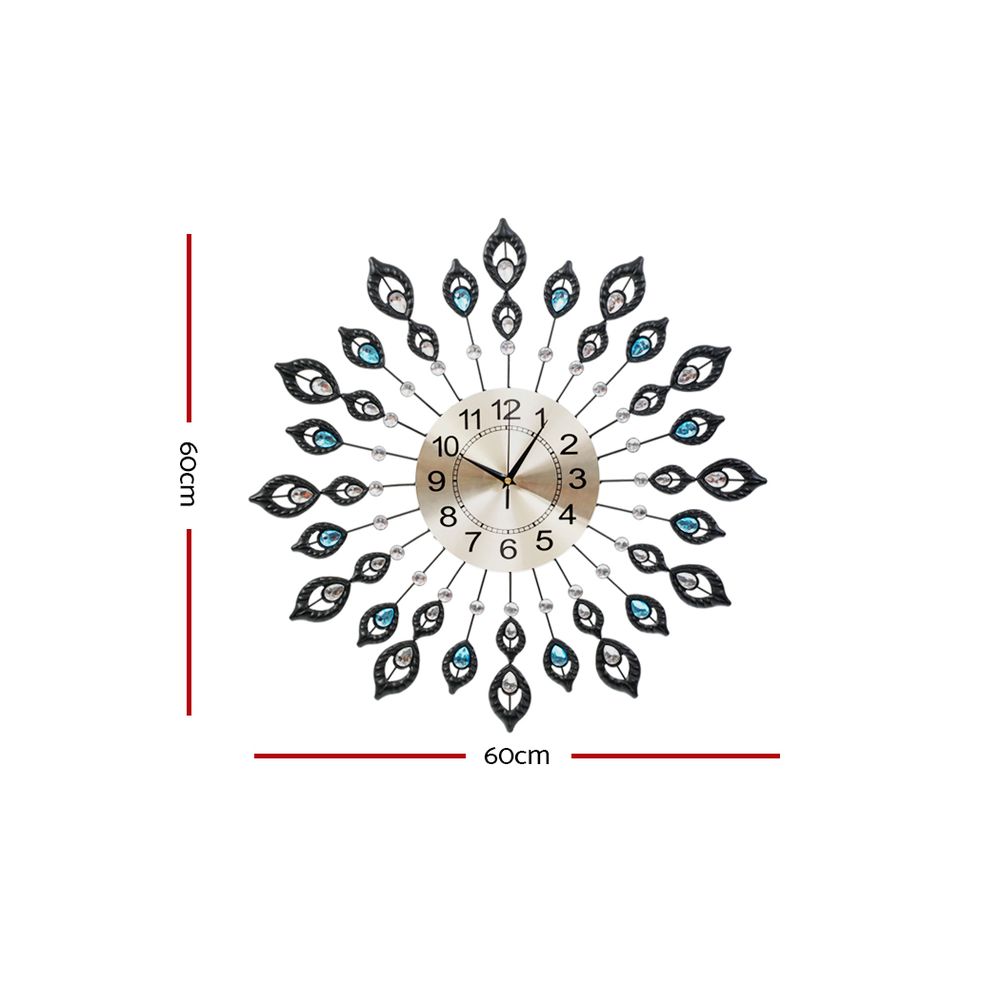 Artiss 60cm Wall Clock Large 3D Peacock Crystal Silver view 2