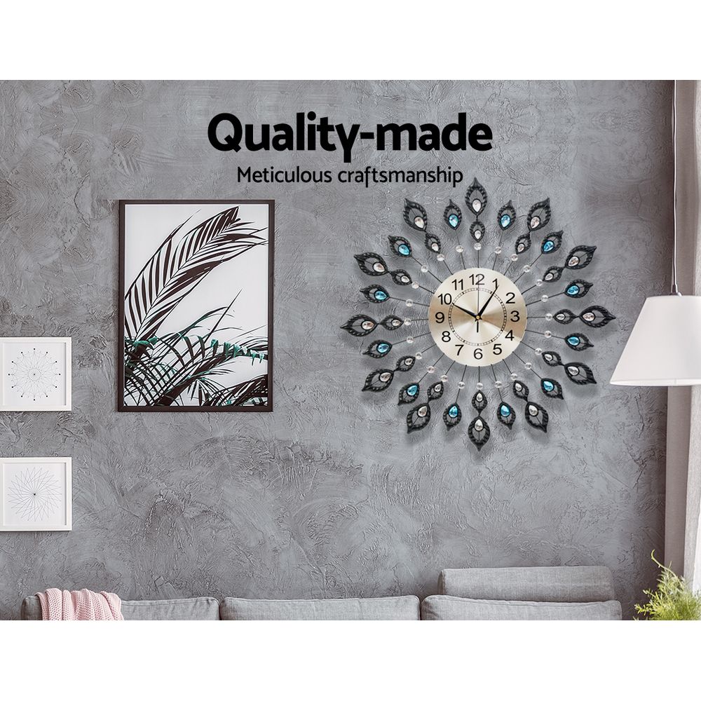 Artiss 60cm Wall Clock Large 3D Peacock Crystal Silver view 4