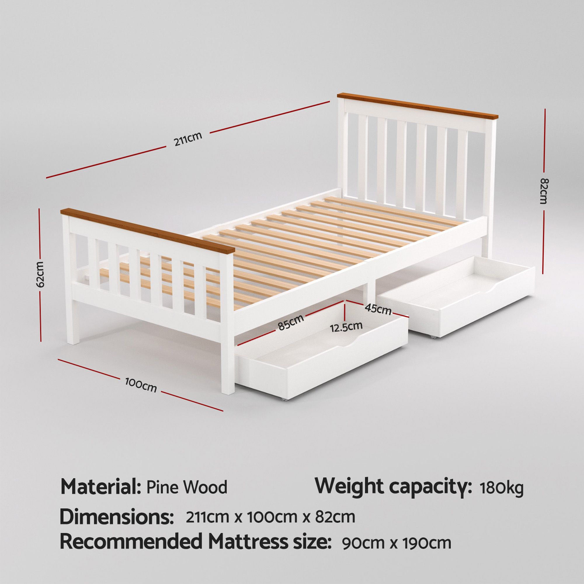 Artiss Bed Frame Single Size Wooden Platform with 2 Storage Drawers White PONY view 2