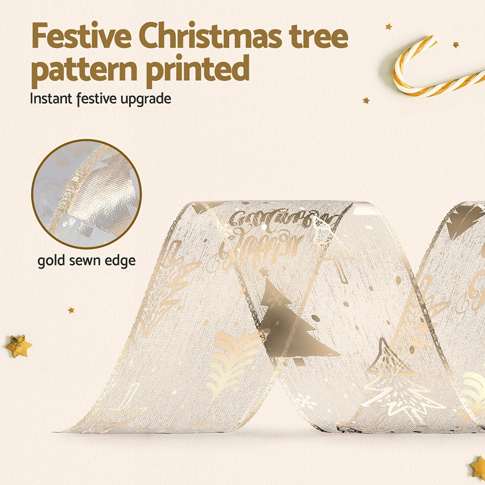Jingle Jollys 20M Christmas Ribbon Roll Bow Printed Xmas Tree Decor Gift Gold view 4