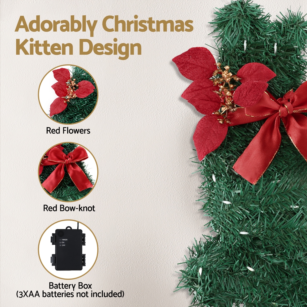 Jingle Jollys Cat Christmas Wreath Pre-lit 20 LED Xmas Decor Bow Flower 35x30cm view 4