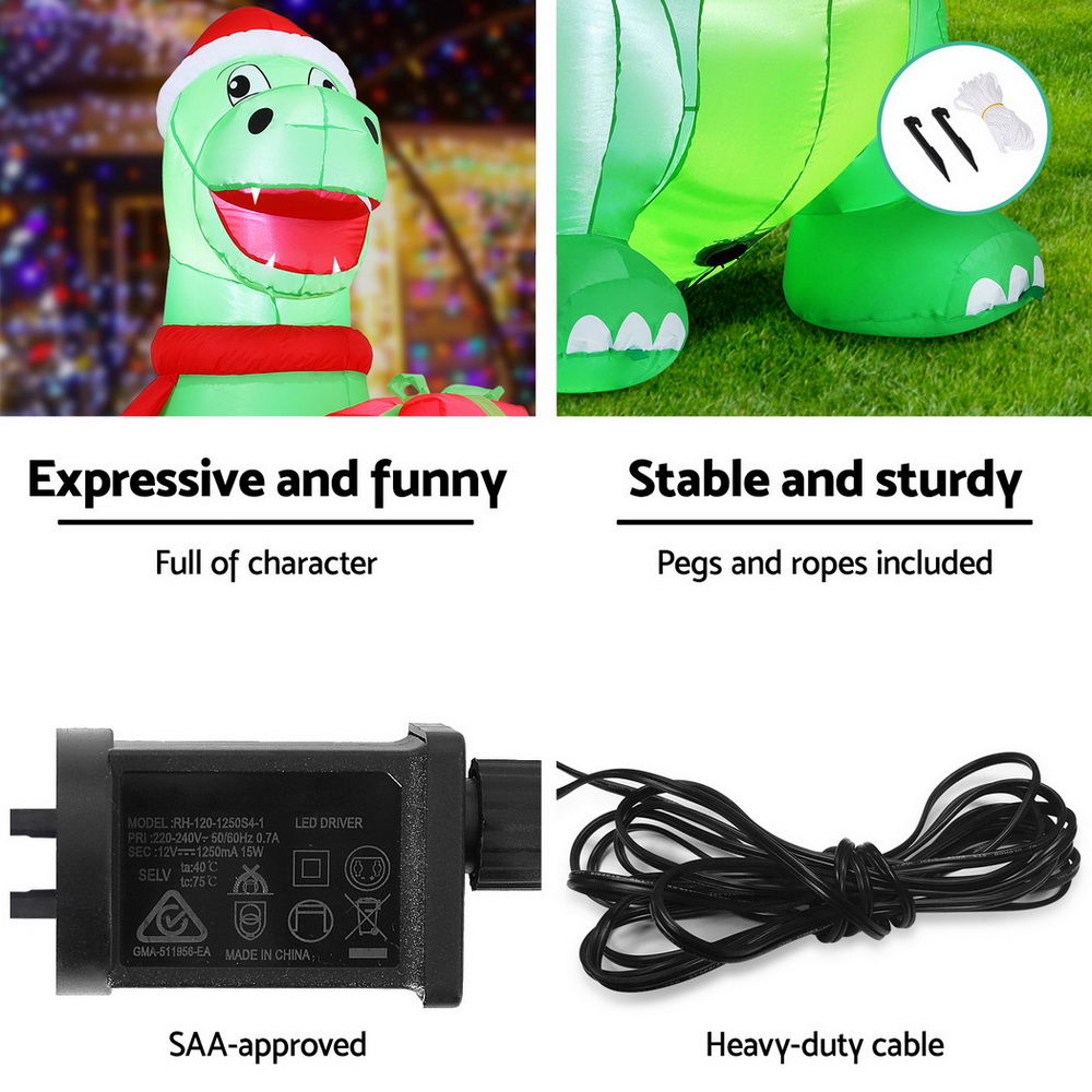 Jingle Jollys Christmas Inflatable Dinosaur 1.8M Height LED Decorations view 6