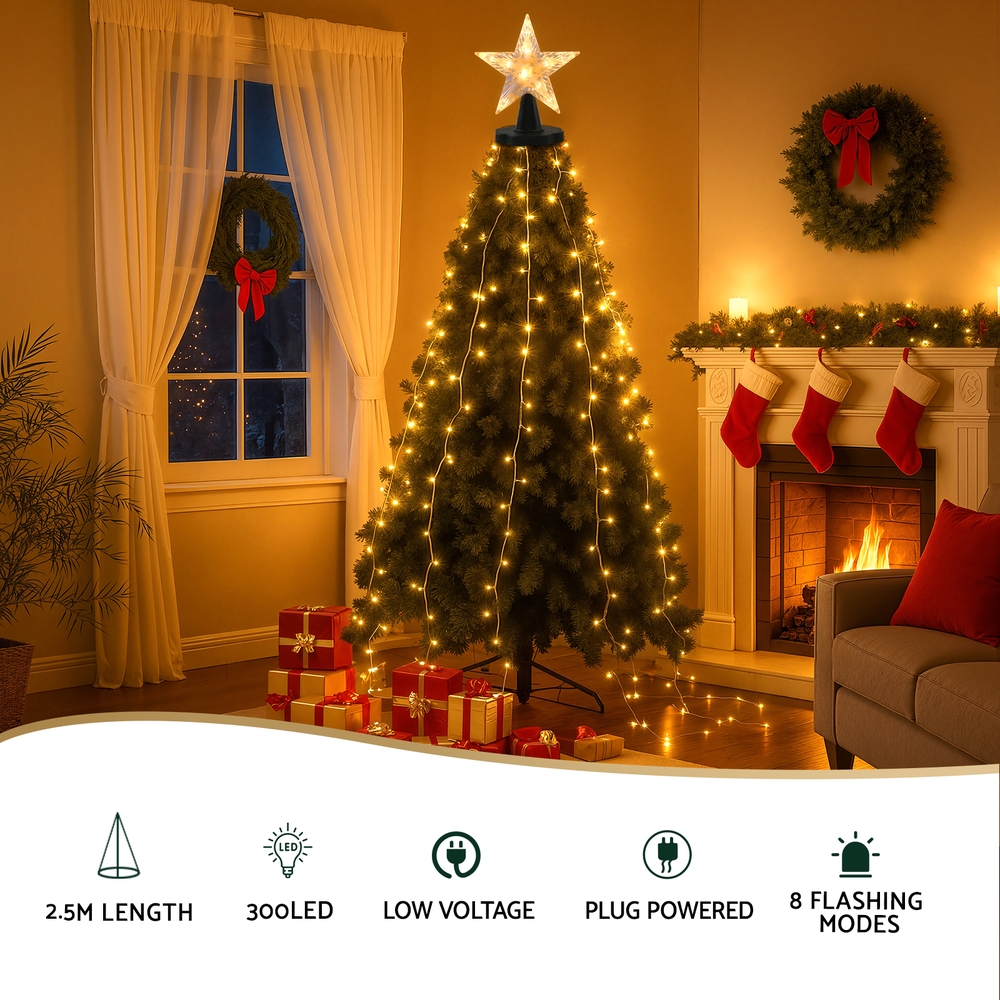Jingle Jollys 2.5M Christmas Lights Waterfall String Light 300 LED Star Topper view 4