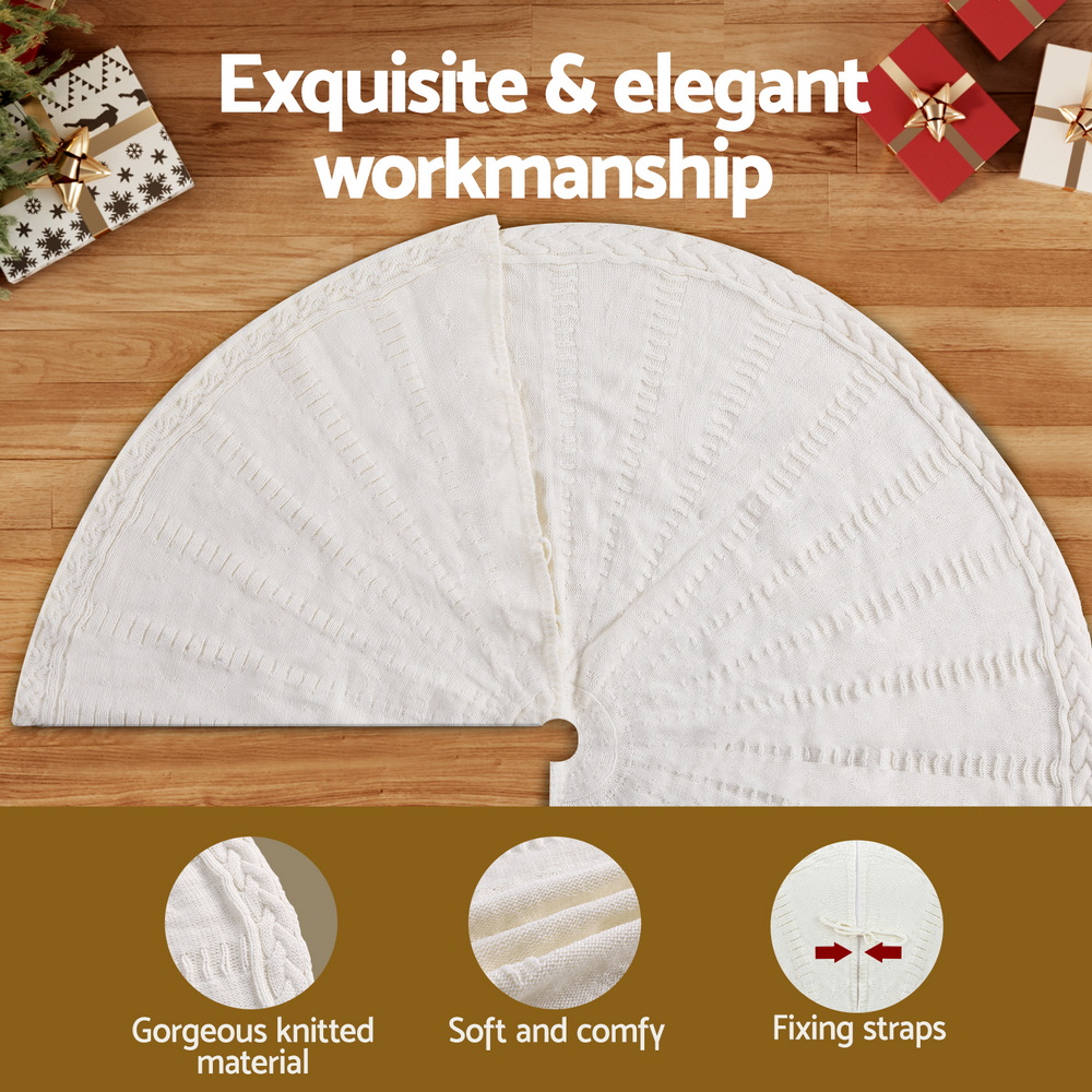 Jingle Jollys Christmas Tree Skirt 90cm Knitted Fabric Xmas Ornament Decor Beige view 5
