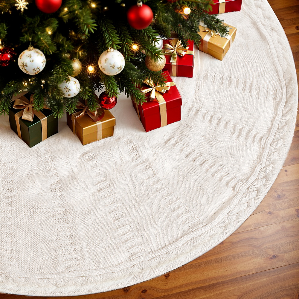 Jingle Jollys Christmas Tree Skirt 90cm Knitted Fabric Xmas Ornament Decor Beige view 7