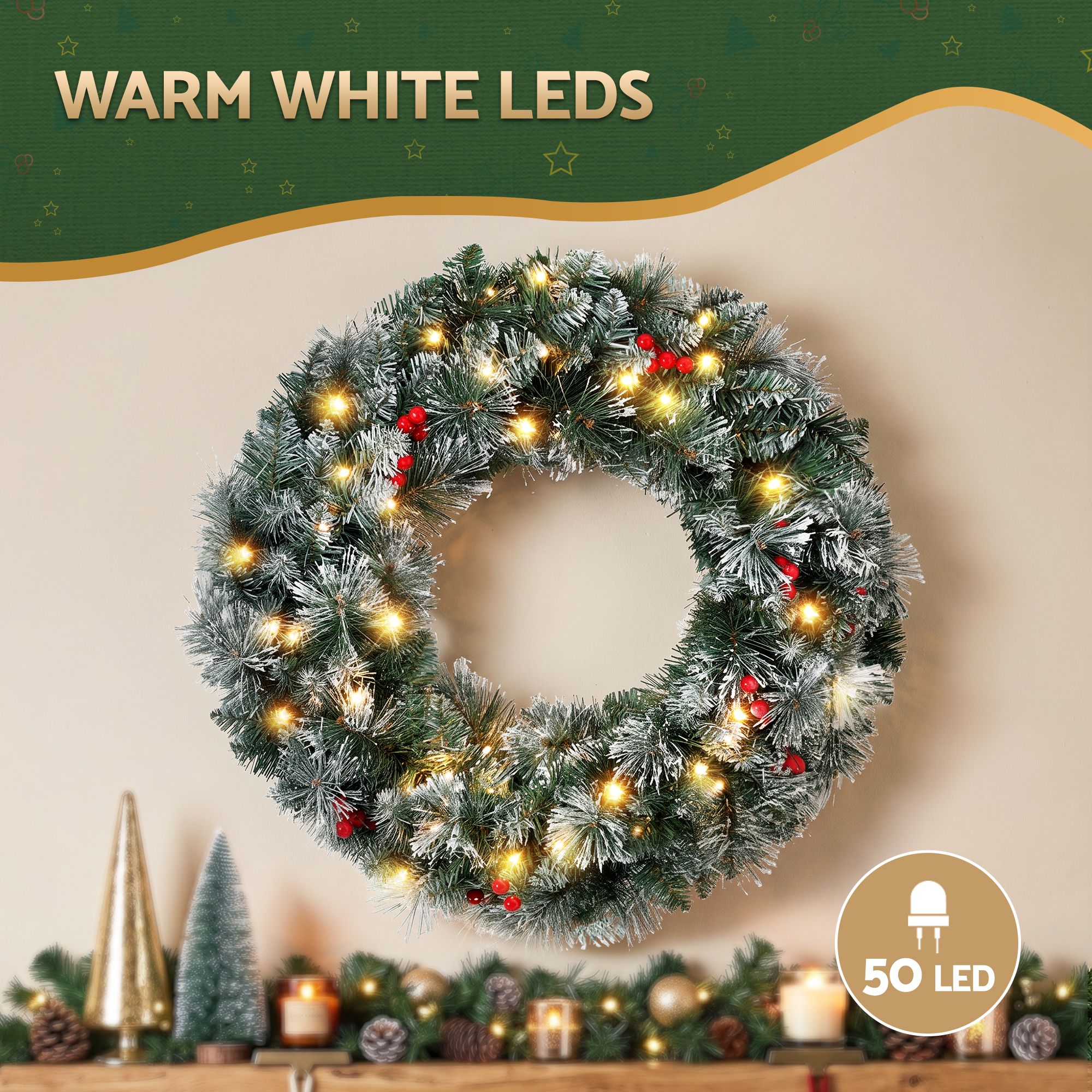 Jingle Jollys 60cm Christmas Wreath LED Lights Snowy Berries Garland Party Decor view 5