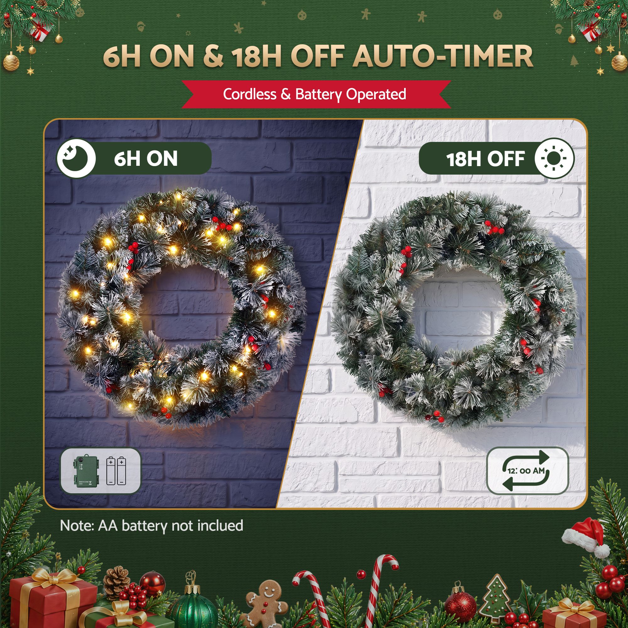 Jingle Jollys 60cm Christmas Wreath LED Lights Snowy Berries Garland Party Decor view 6
