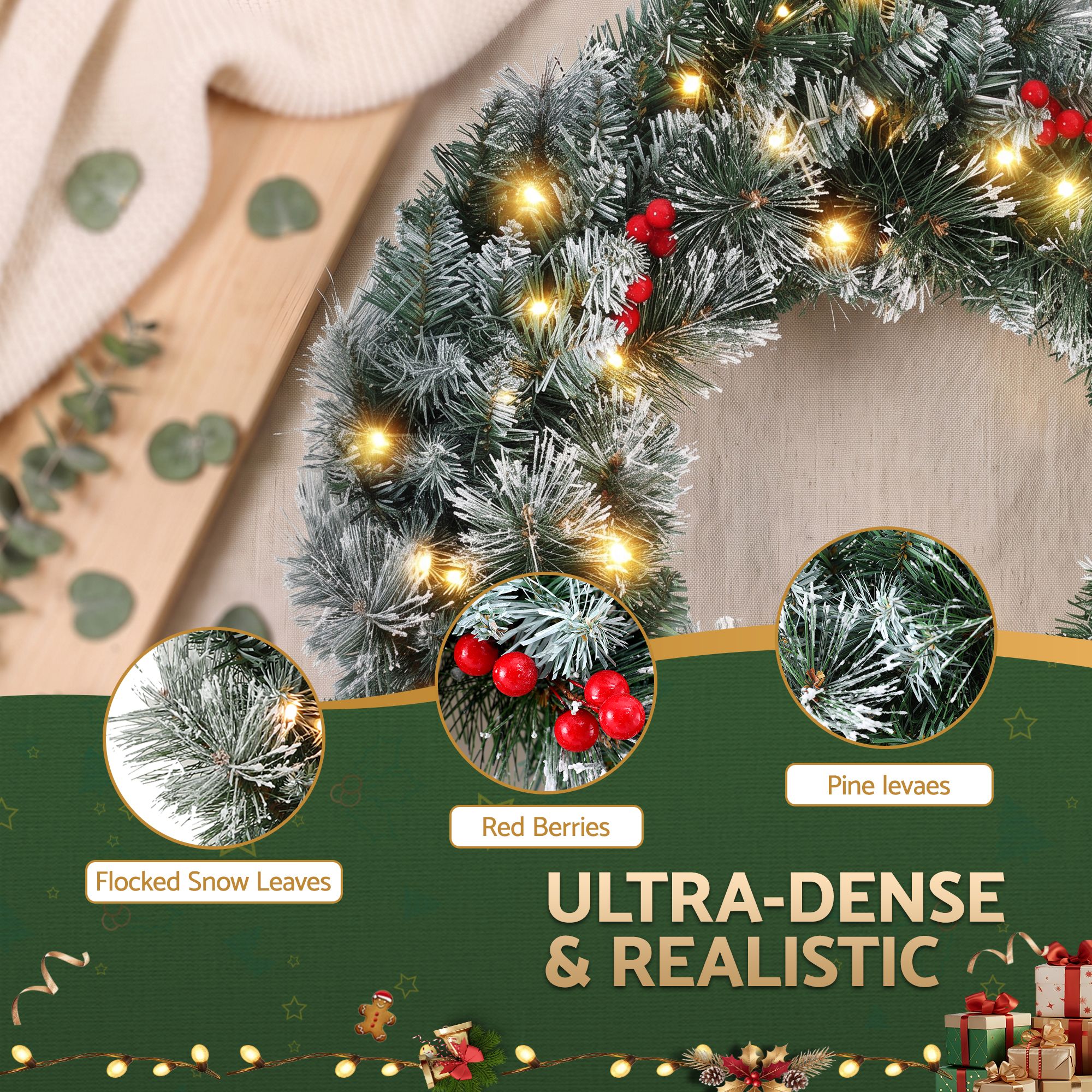 Jingle Jollys 60cm Christmas Wreath LED Lights Snowy Berries Garland Party Decor view 7