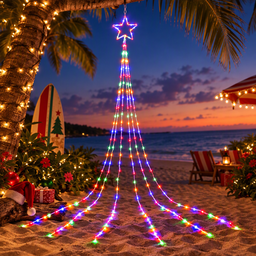 Jingle Jollys 3m Solar Christmas Lights Outdoor Fairy Waterfall Star Multicolour view 3