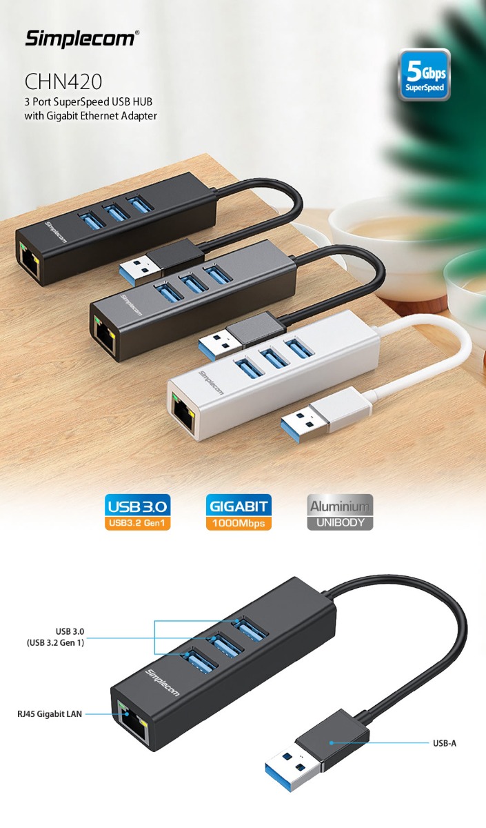 Simplecom CHN420 Aluminium 3 Port SuperSpeed USB HUB with Gigabit Ethernet view 3
