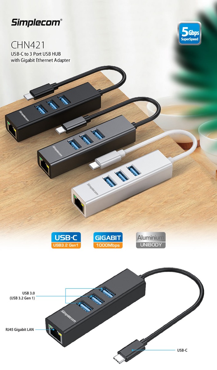 Simplecom CHN421 Aluminium USB-C to 3 Port USB HUB with Gigabit Ethernet view 4